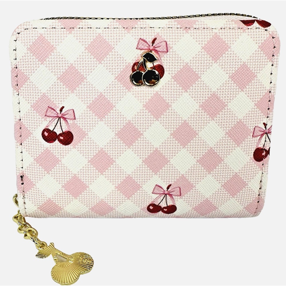 Pink Gingham Cherry Wallet Zip Around Coin Purse Coquette